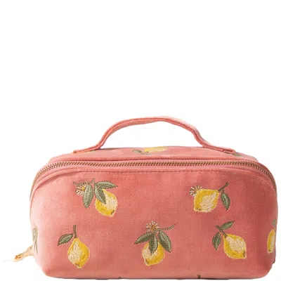 Elizabeth Scarlett Lemon Blossom Velvet Open Flat Makeup Bag - Coral