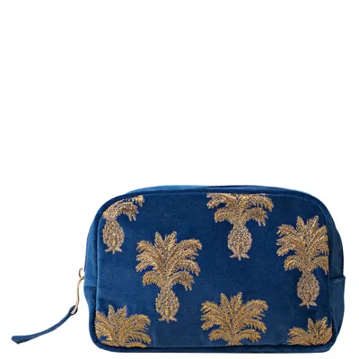 Elizabeth Scarlett Pineapple Cobalt Velvet Cosmetics Bag In White