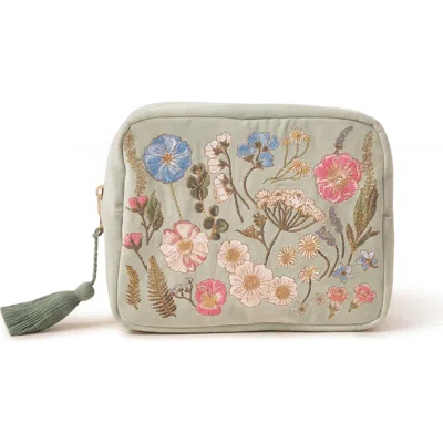 Elizabeth Scarlett Pressed Flowers Velvet Wash Bag In Green