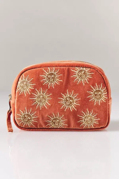 Elizabeth Scarlett Sun Embroidered Velvet Makeup Bag In Orange