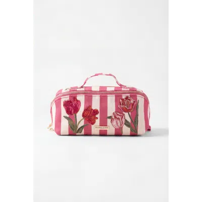 Elizabeth Scarlett Tulip Stripe Cotton Open Flat Makeup Bag In Pink