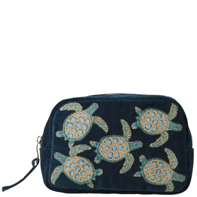 Elizabeth Scarlett Turtle Conservation Marine Navy Velvet Cosmetics Bag In White
