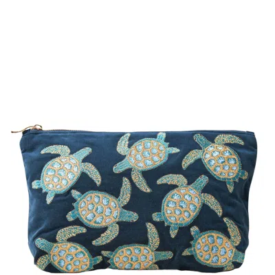Elizabeth Scarlett Turtle Conservation Marine Navy Velvet Everyday Pouch In White