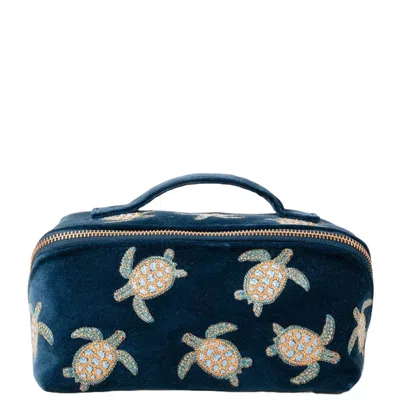 Elizabeth Scarlett Turtle Conservation Marine Navy Velvet Open Flat Makeup Bag In White