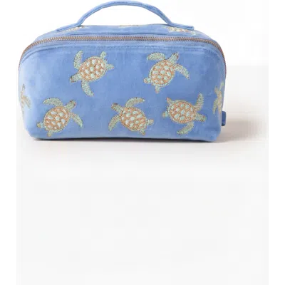Elizabeth Scarlett Turtle Conservation Velvet Open Flat Makeup Bag In Blue