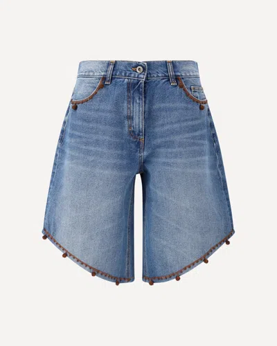 Ella Bermuda Shorts With Embroidered Edges And Pom Pom Detailing In Blue