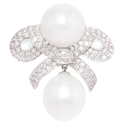 Pre-owned Ella Gafter Bow Brooch With Diamonds And South Sea Pearl Design By  In Multi
