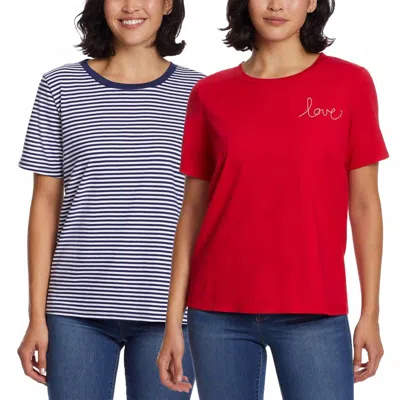 Ella Moss Flattering Fit Ultra Soft Perfect Tee - 2 Pack In Mood Indigo & White Stripe/red In Multi