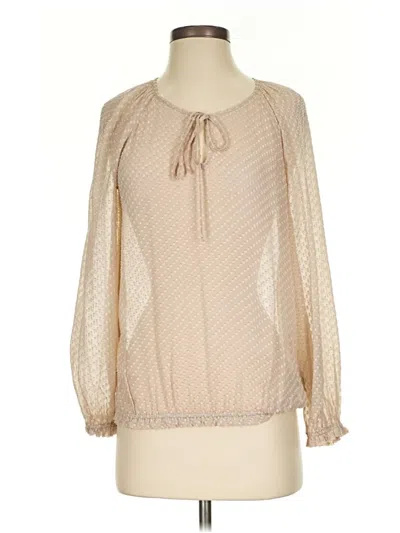 Pre-owned Ella Moss Long Sleeve Silk Top Tan Keyhole Neckline Tops In Brown