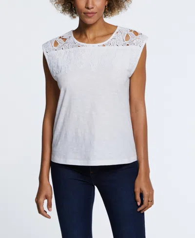 Ella Rafaella Petite Cotton Lace Yoke Top In White