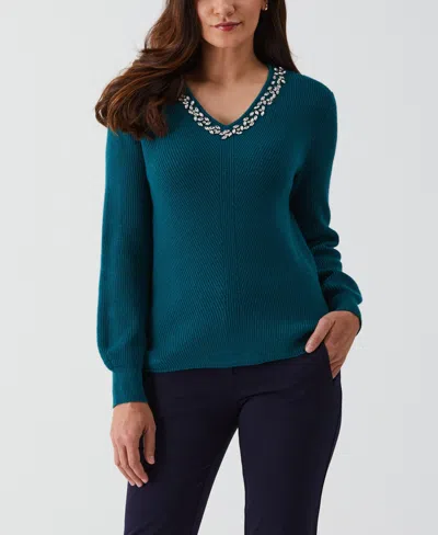Ella Rafaella Petite Embellished V-neck Long Sleeve Sweater In Green