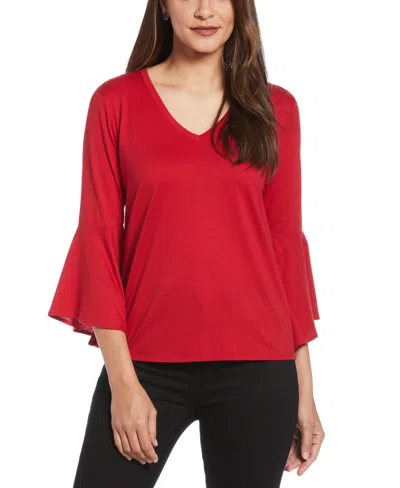 Ella Rafaella Petite Knit V-neck Ruffle Long Sleeve Top In Red