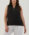 Ella Rafaella Plus Size Button Front Ruffle Sleeveless Tank Top In Black