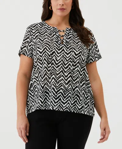 Ella Rafaella Plus Size Chevron Print Lace-up Short Sleeve Tee Shirt In Black