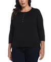Ella Rafaella Plus Size Cotton 3/4 Sleeve Henley Top In Black