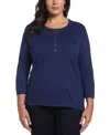 Ella Rafaella Plus Size Cotton 3/4 Sleeve Henley Top In Blue