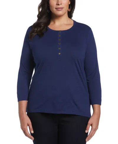 Ella Rafaella Plus Size Cotton 3/4 Sleeve Henley Top In Blue