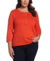 Ella Rafaella Plus Size Cotton 3/4 Sleeve Henley Top In Orange