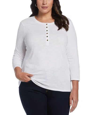 Ella Rafaella Plus Size Cotton 3/4 Sleeve Henley Top In White