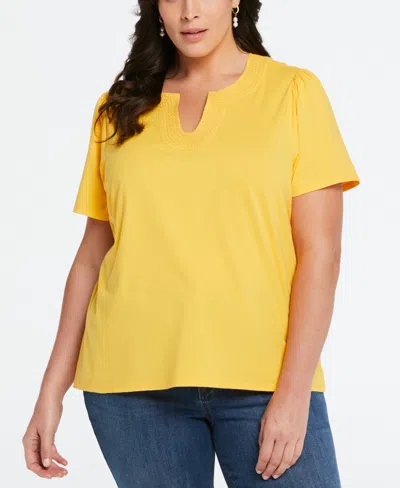 Ella Rafaella Plus Size Cotton Jersey Top With Woven Trim In Amber Yellow