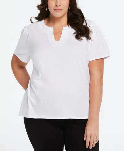 Ella Rafaella Plus Size Cotton Jersey Top With Woven Trim In White