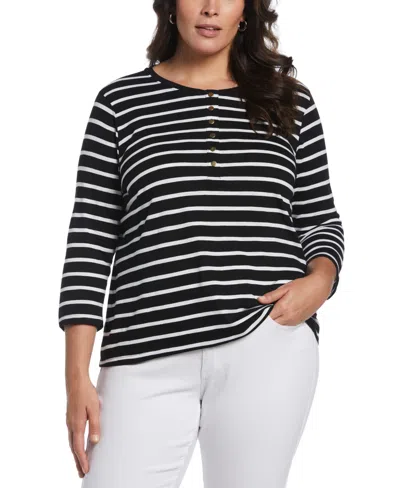 Ella Rafaella Plus Size Cotton Knit 3/4 Sleeve Henley Top In Black