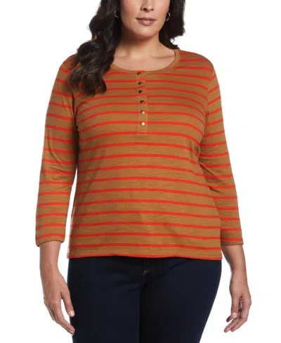 Ella Rafaella Plus Size Cotton Knit 3/4 Sleeve Henley Top In Chipmunk