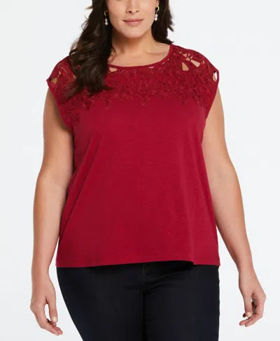 Ella Rafaella Plus Size Cotton Lace Yoke Top In Rumba Red