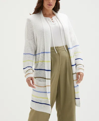 Ella Rafaella Plus Size Cotton-linen Blend Striped Cardigan Sweater In Hydrangea