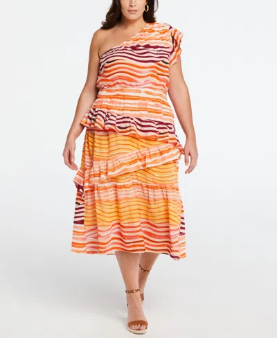 Ella Rafaella Plus Size Cotton One Shoulder Ruffle Midi Dress In Flame