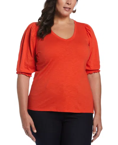 Ella Rafaella Plus Size Cotton Smocked Elbow Sleeve Top In Grenadine