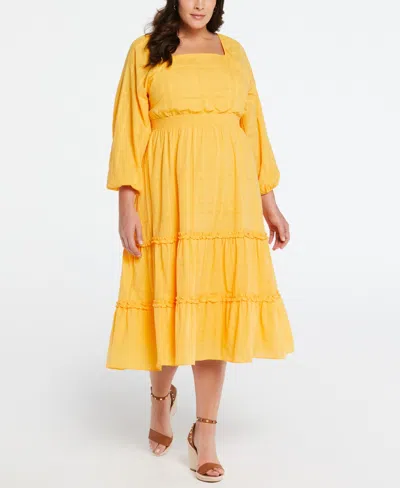 Ella Rafaella Plus Size Cotton Square Neck Puff Sleeve Dress In Amber Yellow