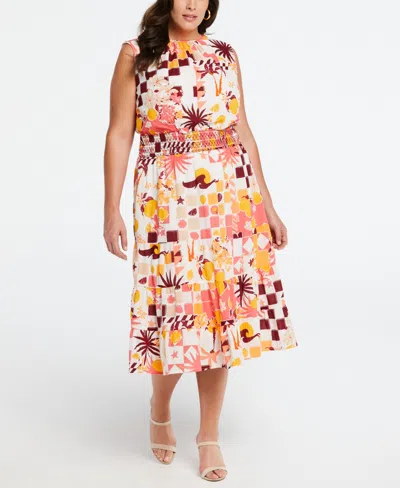 Ella Rafaella Plus Size Cotton Tiered Midi Dress In Sun Kissed Coral