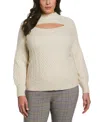 Ella Rafaella Plus Size Cut-out Cable Knit Long Sleeve Sweater In Wheat Heather