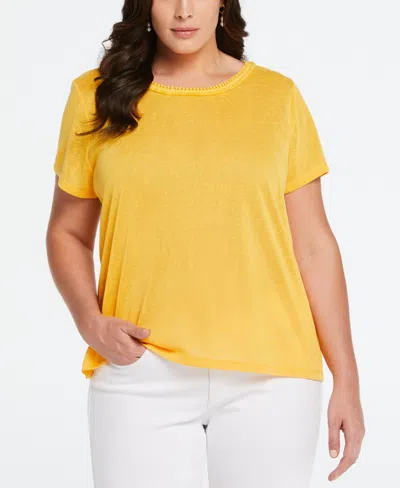 Ella Rafaella Plus Size Eco Fabric Short Sleeve Top With Decorative Trim In Amber Yellow