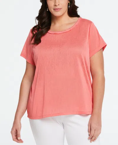 Ella Rafaella Plus Size Eco Fabric Short Sleeve Top With Decorative Trim In Sun Kissed Coral