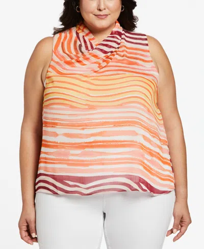 Ella Rafaella Plus Size Eco Fabric Twisted Drape Neck Sleeveless Blouse In Flame