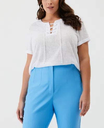Ella Rafaella Plus Size Eco Floral Print Lace-up Short Sleeve Tee Shirt In White