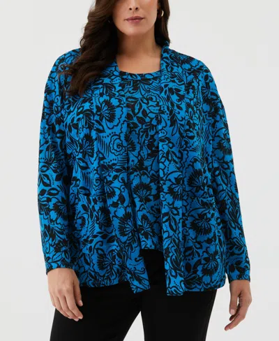 Ella Rafaella Plus Size Eco Floral Print Roll Collar Draped Long Sleeve Cardigan Sweater In Malibu Blue