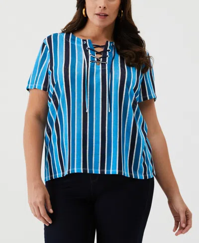 Ella Rafaella Plus Size Eco Stripe Lace-up Short Sleeve Tee Shirt In Malibu Blue