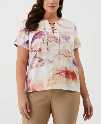 Ella Rafaella Plus Size Eco Watercolor Print Lace-up Short Sleeve Tee Shirt In Honey Peach