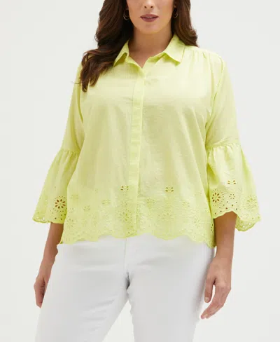 Ella Rafaella Plus Size Embroidered 3/4 Sleeve Top In Sunny Lime
