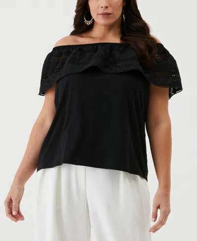 Ella Rafaella Plus Size Embroidered Off The Shoulder Top In Black