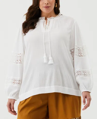 Ella Rafaella Plus Size Embroidered Puff Long Sleeve Blouse In White