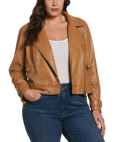 Ella Rafaella Plus Size Faux Leather Moto Jacket In Chipmunk