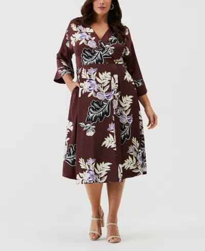 Ella Rafaella Plus Size Floral Print Faux Wrap 3/4 Sleeve Midi Dress In Decadent Chocolate
