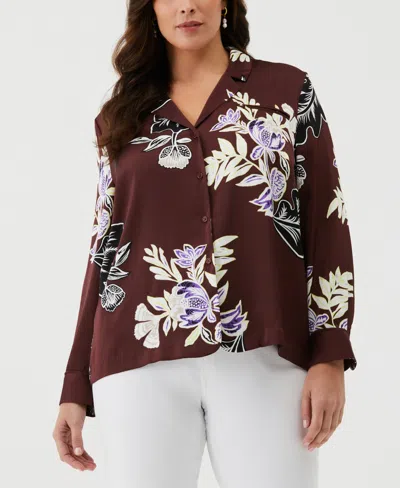 Ella Rafaella Plus Size Floral Print Long Sleeve Shirt With Piping In Decadent Chocolate