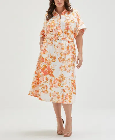 Ella Rafaella Plus Size Floral Print Utility Short Sleeve Shirt Dress In Coral