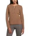 Ella Rafaella Plus Size Front Lace-up Long Sleeve Sweater In Brown