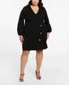 Ella Rafaella Plus Size Jewel Button Surplice Long Sleeve Dress In Black